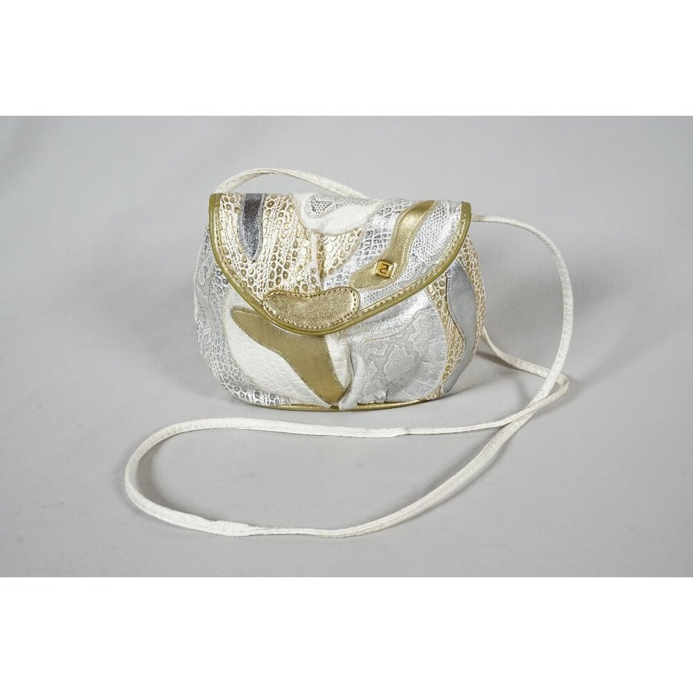 NAS Ivory Gold Silver Metallic Textured Leather Crossbody Bag Vintage 80s